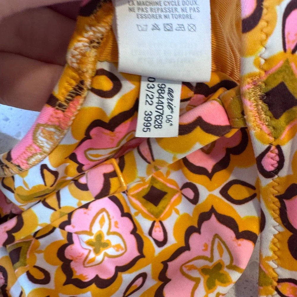 Aerie Real Good Scoop Bikini Top Retro Floral Orange Pink Small 984407628